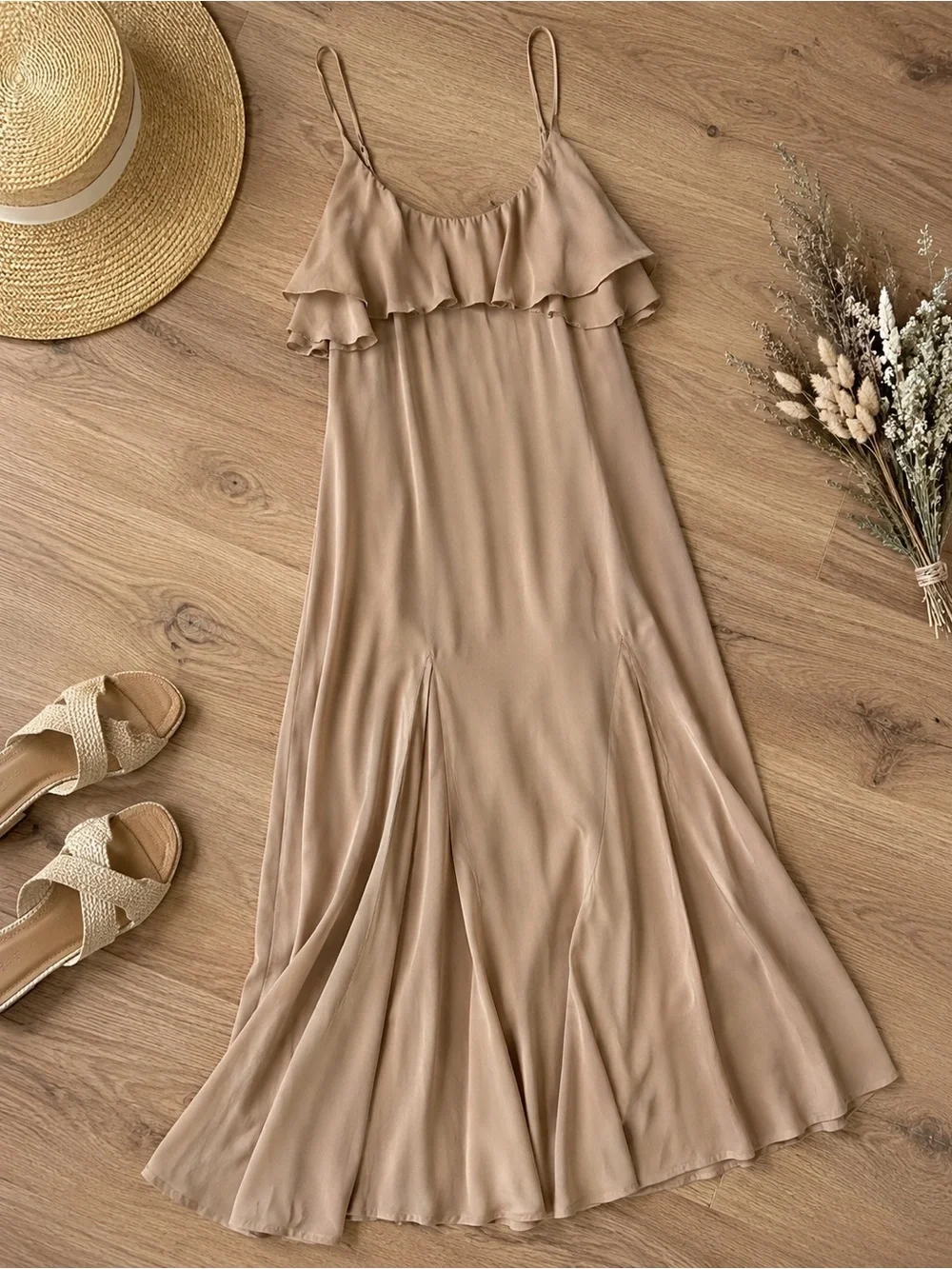 Abercrombie & Fitch Ruffle Maxi Dress Tan Beige Size M